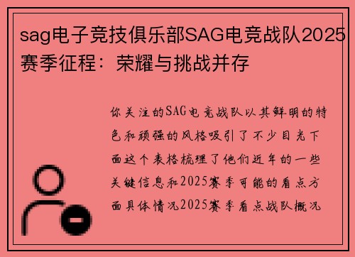 sag电子竞技俱乐部SAG电竞战队2025赛季征程：荣耀与挑战并存